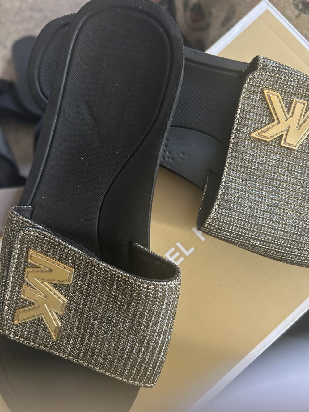Michael Kors Gold and Black Glitter Slide Sandals with Velcro across to tighten